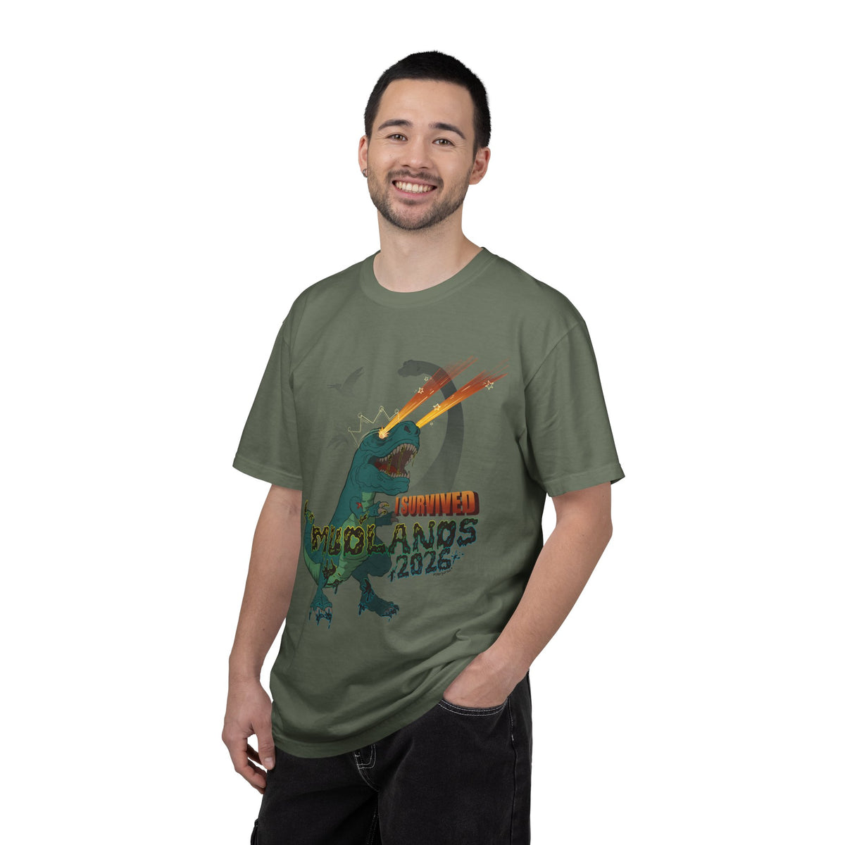 Mudlands 2026 Survivor T-Shirt | Retro Dinosaur T-Rex Laser Eyes Design
