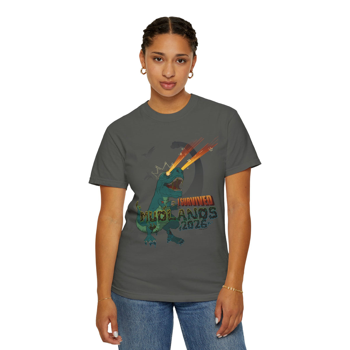 Mudlands 2026 Survivor T-Shirt | Retro Dinosaur T-Rex Laser Eyes Design