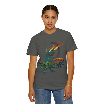 Mudlands 2026 Survivor T-Shirt | Retro Dinosaur T-Rex Laser Eyes Design