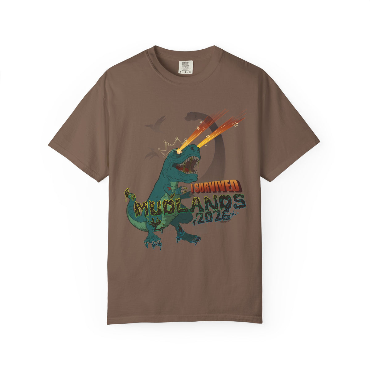 Mudlands 2026 Survivor T-Shirt | Retro Dinosaur T-Rex Laser Eyes Design