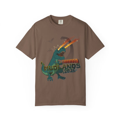 Mudlands 2026 Survivor T-Shirt | Retro Dinosaur T-Rex Laser Eyes Design