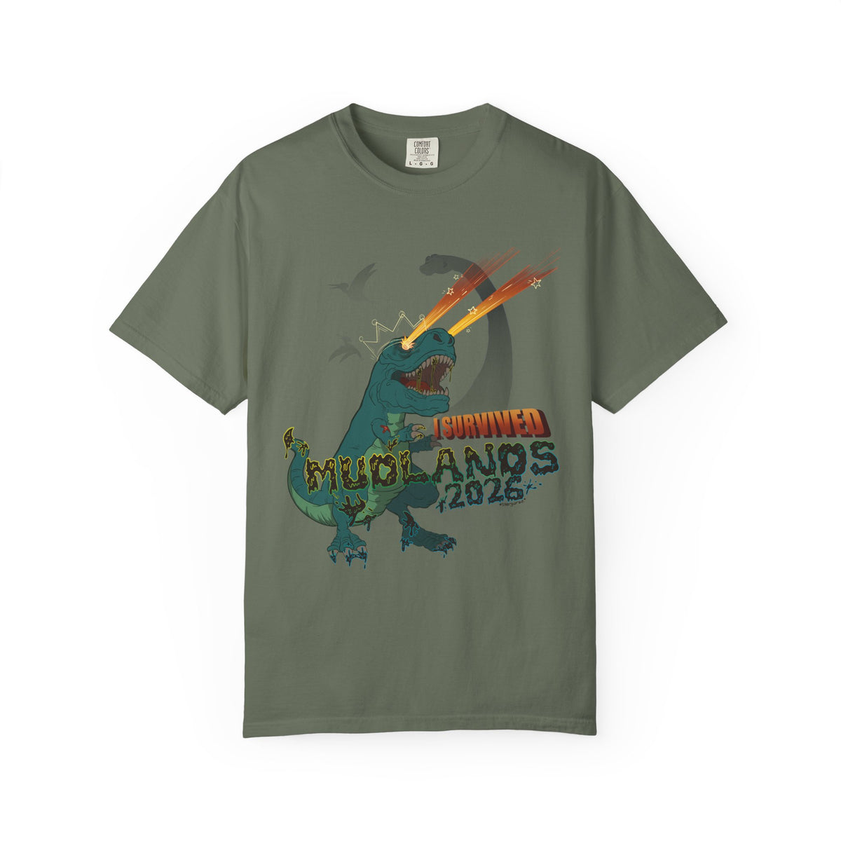 Mudlands 2026 Survivor T-Shirt | Retro Dinosaur T-Rex Laser Eyes Design