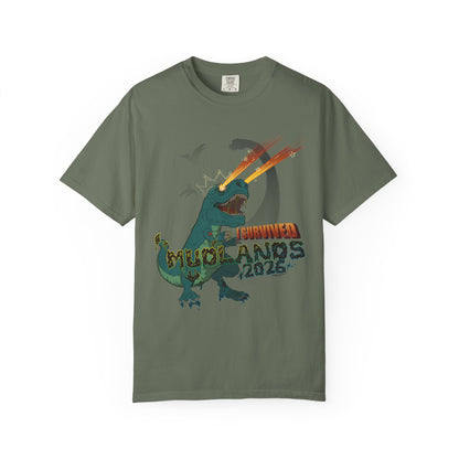 Mudlands 2026 Survivor T-Shirt | Retro Dinosaur T-Rex Laser Eyes Design