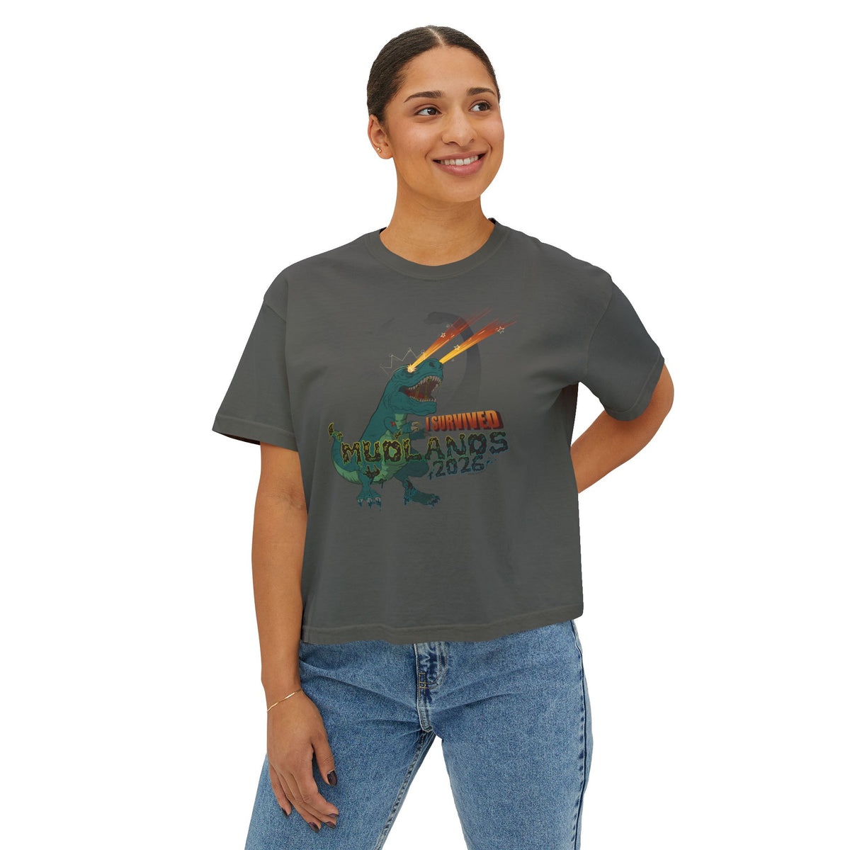 Mudlands 2026 Survivor T-Shirt | Retro Dinosaur T-Rex Laser Eyes Design