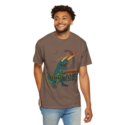 Mudlands 2026 Survivor T-Shirt | Retro Dinosaur T-Rex Laser Eyes Design