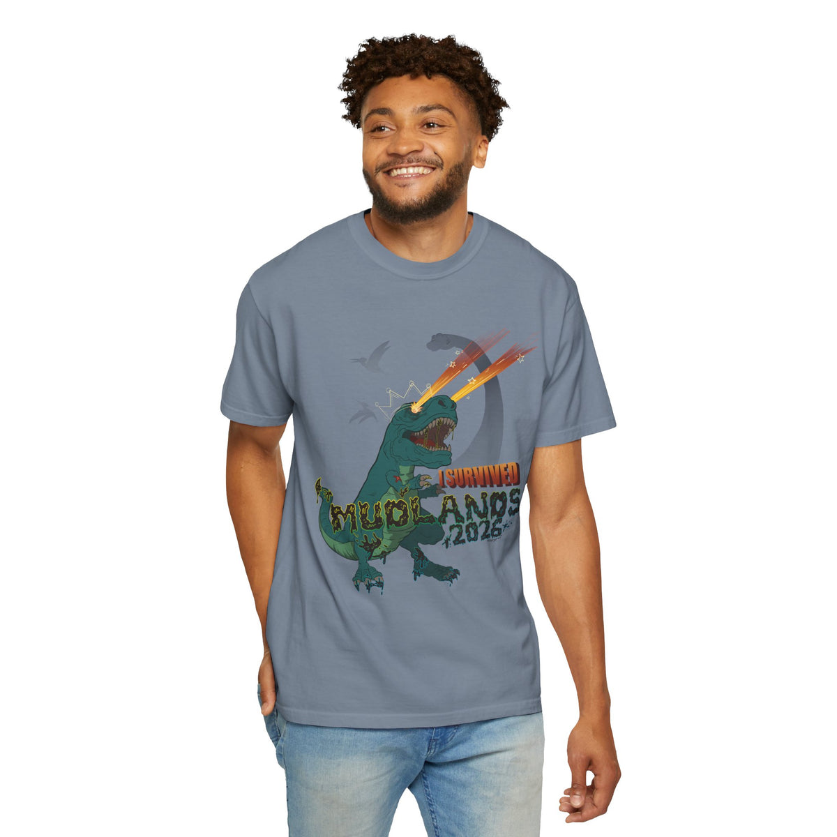 Mudlands 2026 Survivor T-Shirt | Retro Dinosaur T-Rex Laser Eyes Design