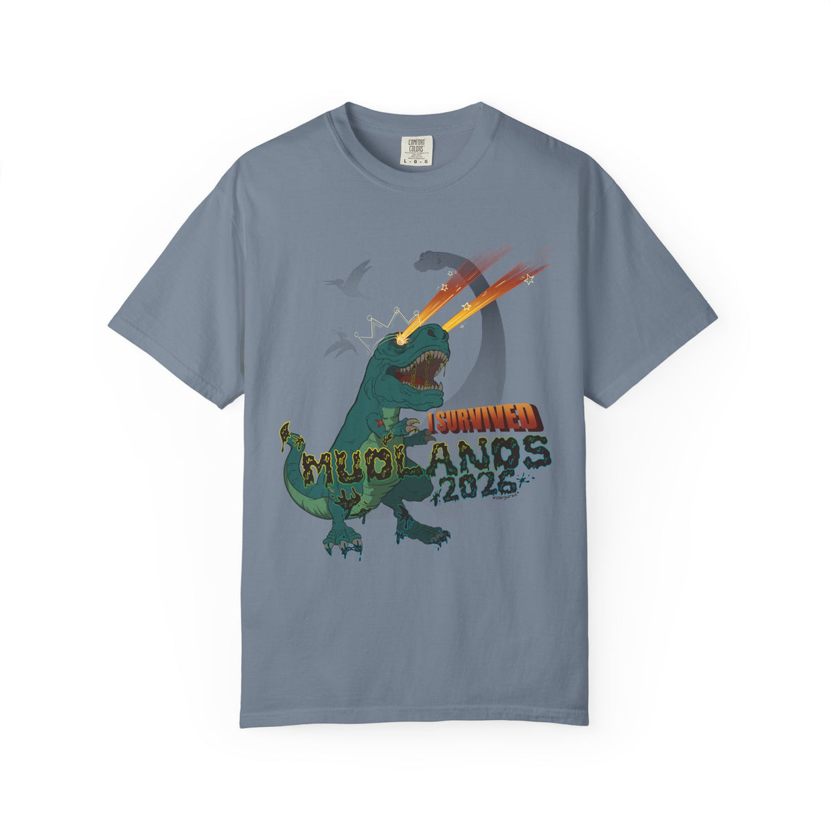 Mudlands 2026 Survivor T-Shirt | Retro Dinosaur T-Rex Laser Eyes Design