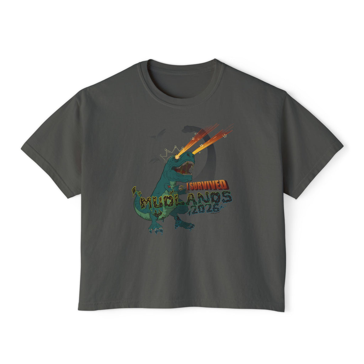 Mudlands 2026 Survivor T-Shirt | Retro Dinosaur T-Rex Laser Eyes Design