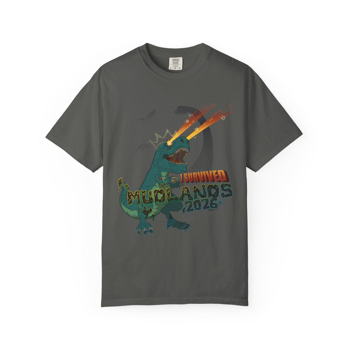 Mudlands 2026 Survivor T-Shirt | Retro Dinosaur T-Rex Laser Eyes Design