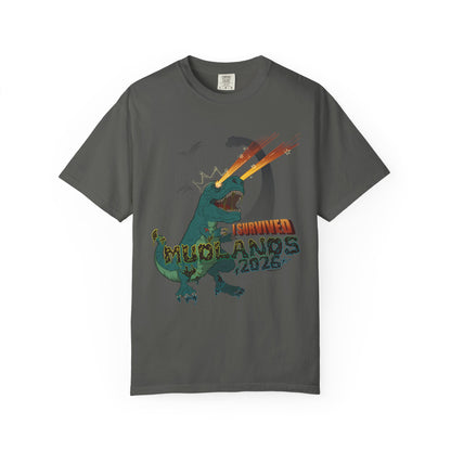 Mudlands 2026 Survivor T-Shirt | Retro Dinosaur T-Rex Laser Eyes Design